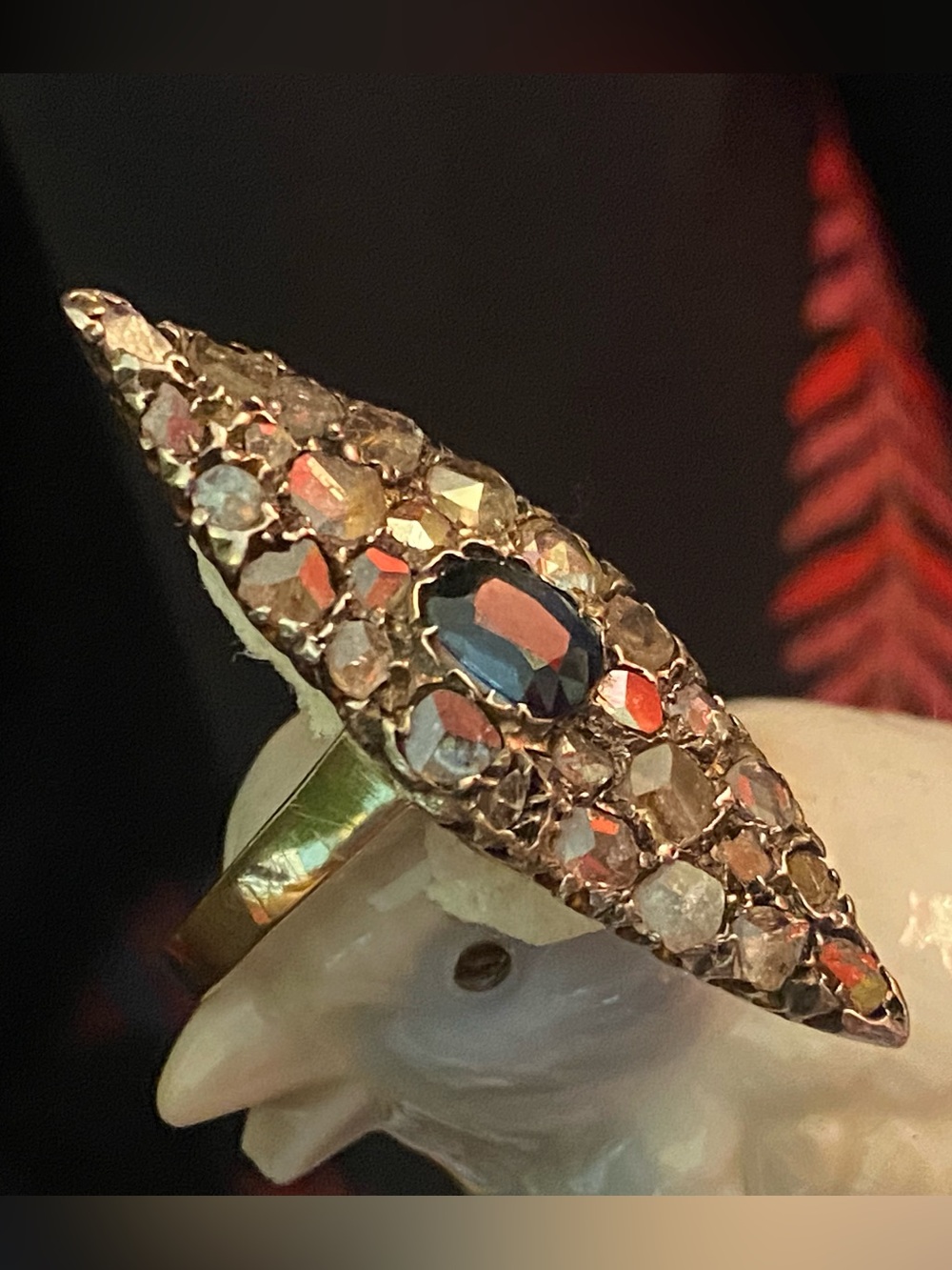 Sapphire and salt pepper diamond marquis ring-antique